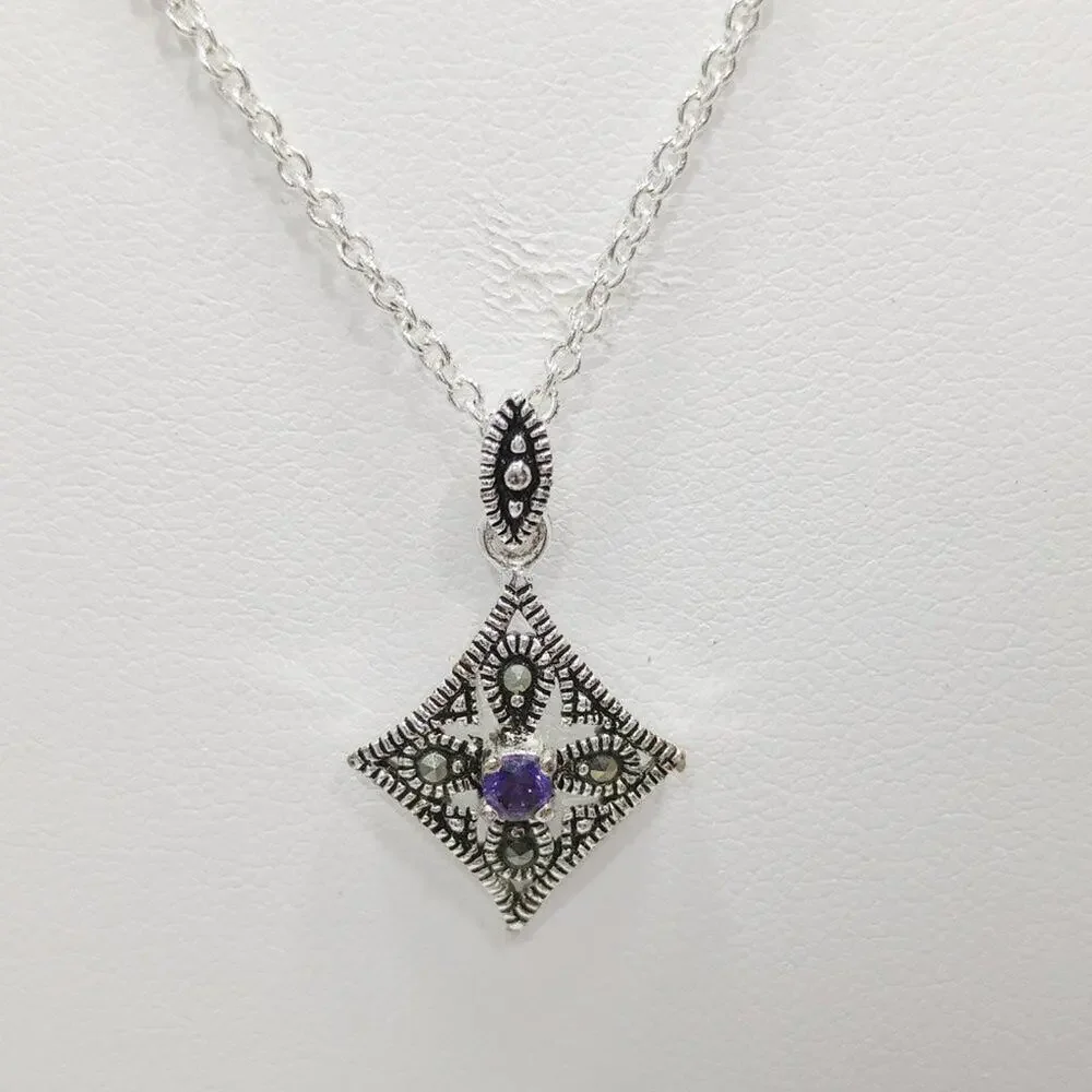 Marcasite Silver Plate Purple Rhinestone Necklace & Earrings, Made in Thailand